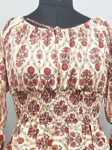 Brick Floral Print Maxi Gown with waistband made of Cotton fabric